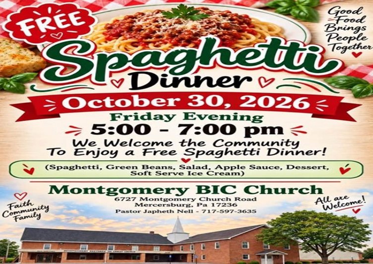 Free Spaghetti Dinner | Montgomery BIC Church, Mercersburg