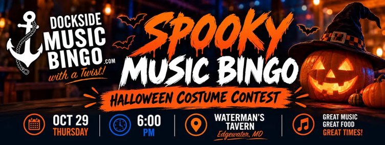 🎶 10/29 Waterman's Tavern with Dockside Music Bingo! 🎶
