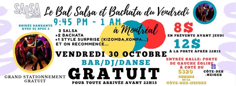 GRATUIT AVANT 22H15 ! SALSA BACHATA 🌴 Social Vendredi Montréal💃🕺 🎶 DJ 🎧 FREE PARKING
