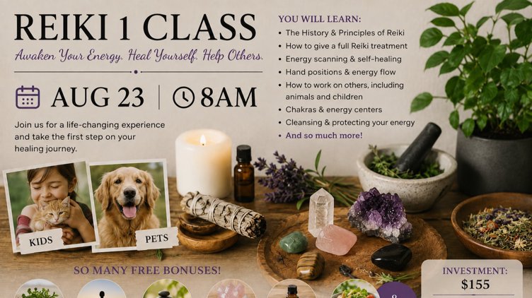 Reiki 1 Certification Class - With Many Free Bonuses! Pets, Herbs and Yoga